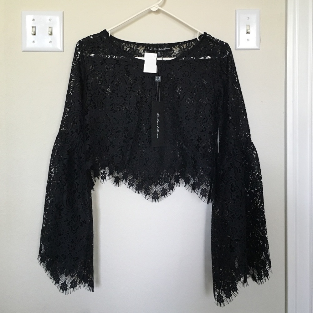 For Love And Lemons Black Floral Lace Cropped Bell Sleeve Top